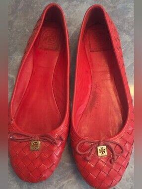 Tory Burch Red Woven Leather Ballet Flats